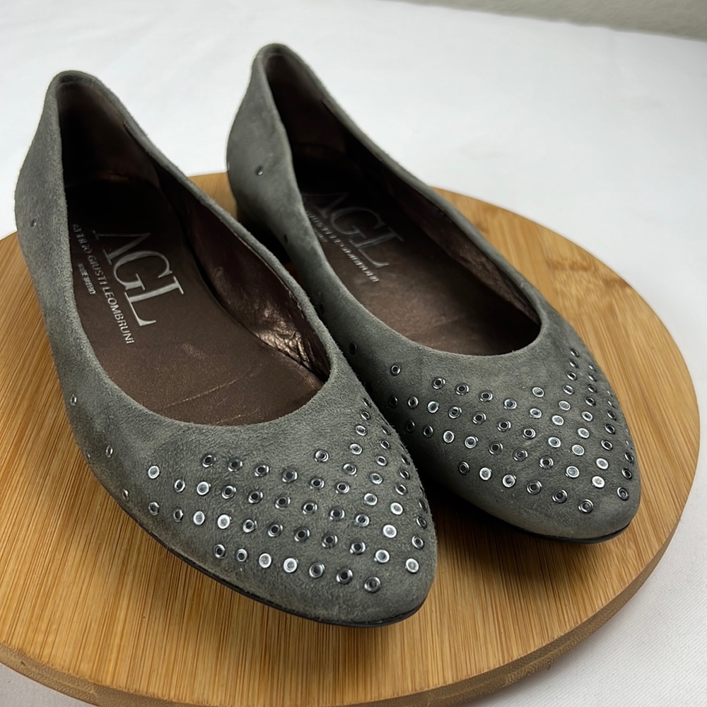 AGL Attilio Giusti Leombruni Mist Suede Studded Grommet Ballet Flats Gray 37.5